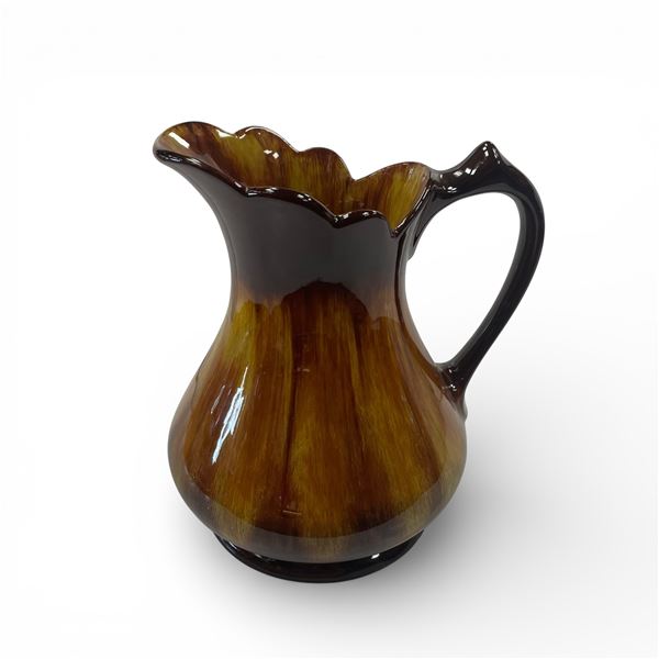 Blue Mountain Pottery Pitcher Scalloped Rim Colonial Style 8.5-Inch Brown & Yellow Drip Glaze