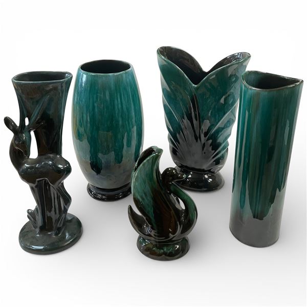 Collection of 5 Green Glazed Blue Mountain Pottery Vases Tallest 11-Inch
