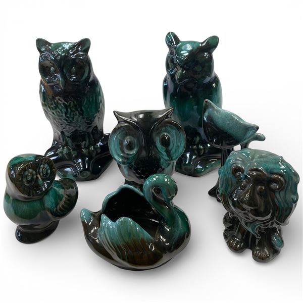 Collection of Blue Mountain Pottery Green Glazed Pieces 4 Owls, 1 Cat & 1 Swan and 1 Lion.  Talle...