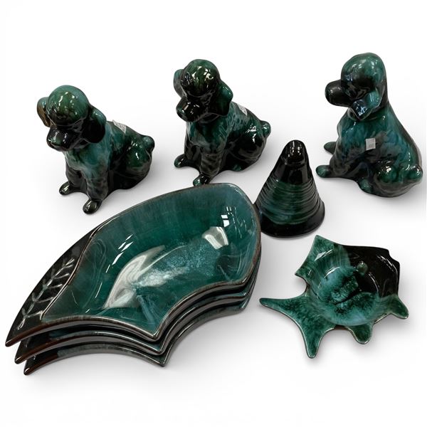 Blue Mountain Pottery Collection: Poodles, Dishes, Fish Plate & Wall Vase.  All Are in Green Glaze