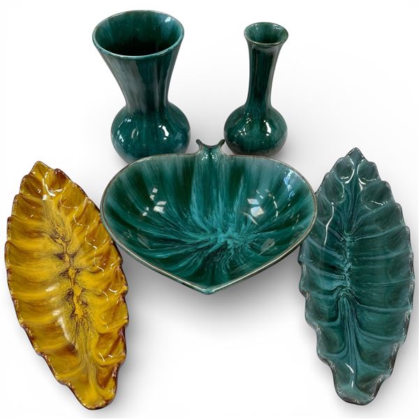 Assorted Blue Mountain Pottery: Large Spade Dish, Leaf Bowls & Vases Green or Yellow Glazes
