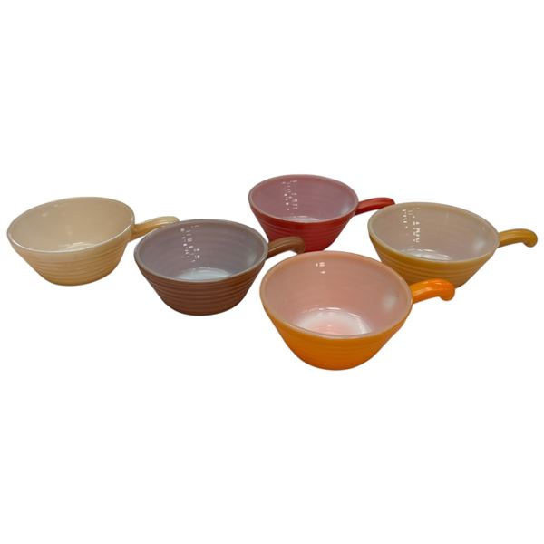 Set of 5 Fire King Handled Soup Bowls Peach Lustre Ribbed Milk Glass 1960s-1970s