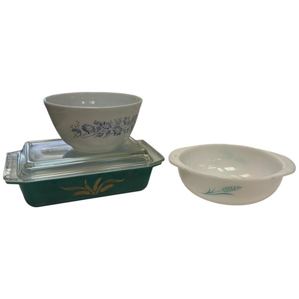 Pyrex Collection: 402 Colonial Mist Bowl, Blue Wheat 023 Bowl & 575-B Green Wheat Pattern Dish Wi...