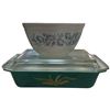Image 2 : Pyrex Collection: 402 Colonial Mist Bowl, Blue Wheat 023 Bowl & 575-B Green Wheat Pattern Dish Wi...