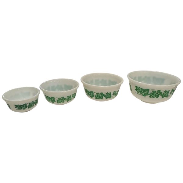 Vintage Set of 4 Hazel Atlas Green Ivy Milk Glass Mixing Nesting Bowls,