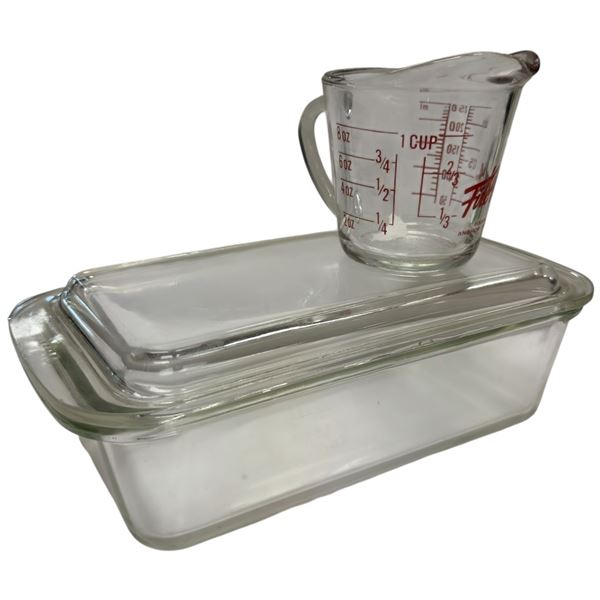 Vintage Pyrex Clear 215-B with Lid & Fire King 1 Cup Measuring Cup