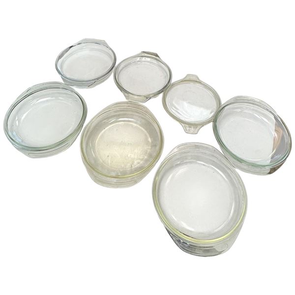 Collection of 6 Clear Pyrex Lids & 1 JAJ Lid Chip Free