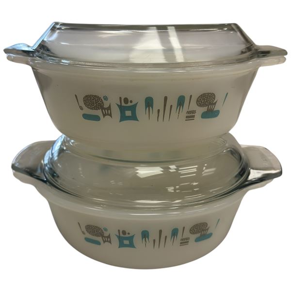 Pair of Fire-King Blue Heaven Milk Glass Casserole Dishes 9-Inch Pyrex & JAJ Lids 1950s-1970s