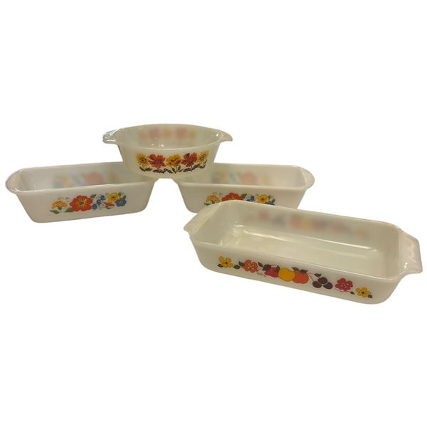 Bakeware: Fire King 436 Fall Flower, 2x Glassbake J522 Wildflowers & Anchor Hocking 432