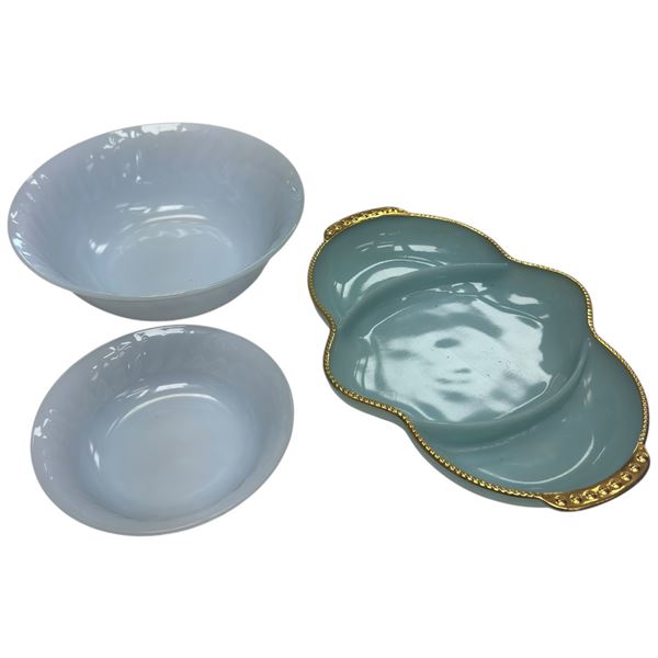 Fire King Blue Delphite Bowls 8-Inch & 6-Inch Diameter & Divided Relish Dish Beaded 22K Rim