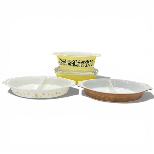 Pyrex 1958 Mod Kitchen 043 Promo Dish 0503 with Lid Early American & Constellation Divided Dishes