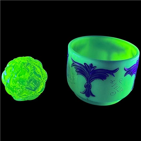 Haisey Glass Uranium Glass Trinket Dish 'Father' & Vaseline Glass Candle Stick Holder