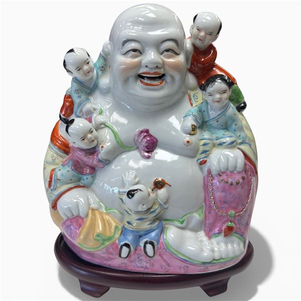 Porcelain Laughing Buddha Figurine on Stand 10-Inch