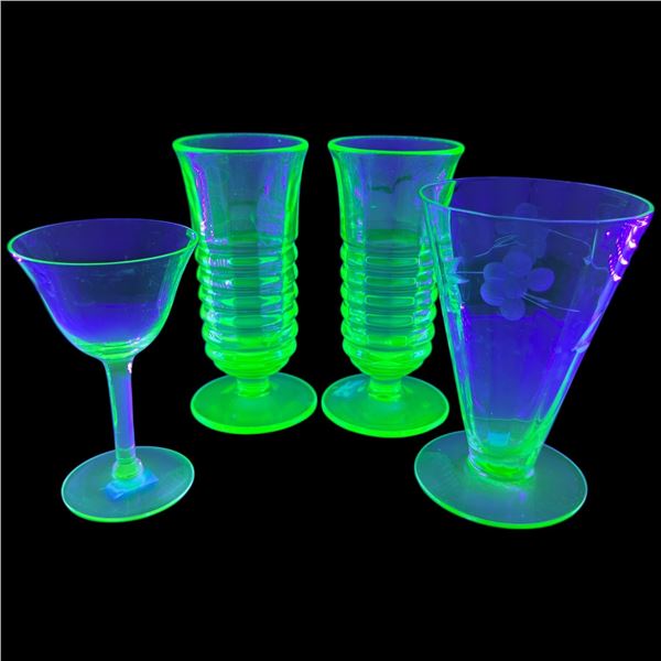 Uranium Glass Collection: Malt Glass, Cordial Glass & Pair of Paden City Party Line Parfait Glasses