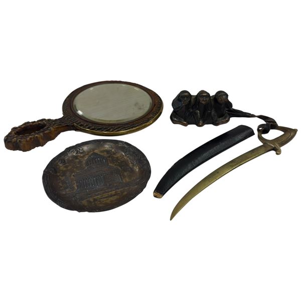 Collectables: Faux Stag Backed Mirror, Grant's Tomb Ashtray, Three Wise Monkeys & Brass Sabre