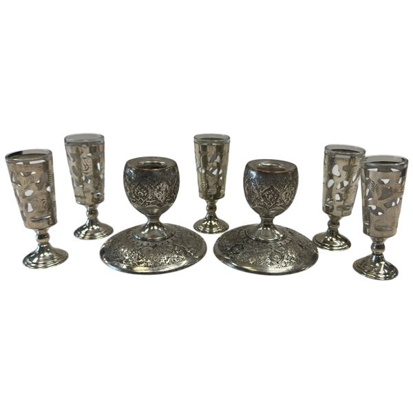 Silver Lot: Persian Engraved Candlesticks with Hallmark & Taxco Mexico Sterling Cordial Glasses