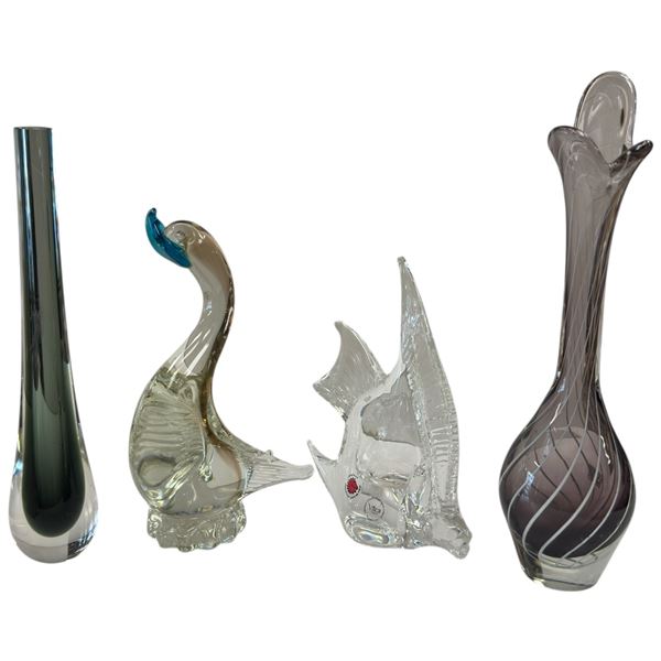 Four Piece Art Glass Group: Signed Vilca Fish Murano Style Glass Duck & Two Glass Vases 11.5-Inch