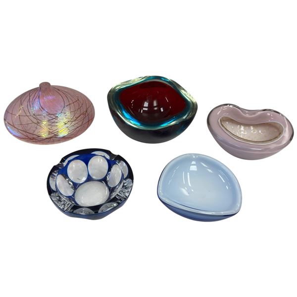 Art Glass Fivesome: Oil Lamp, Murano Style Bowls & Val Saint Lambert Cut Glass Blue Ashtray