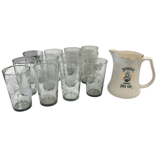 Wade PDM Bombay London Dry Gin Jug 6-Inch & Set of 12 Vintage Zodiac Glasses