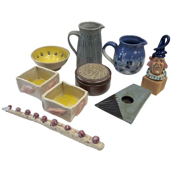 Collection of Studio Pottery Pieces: Jugs, Bowls, Boxes Clown & Planter Tallest 7-Inch