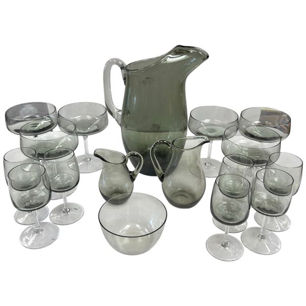 Vintage Smoked Glass Pitcher & Matching Stemware Set Mid-Century Modern Style