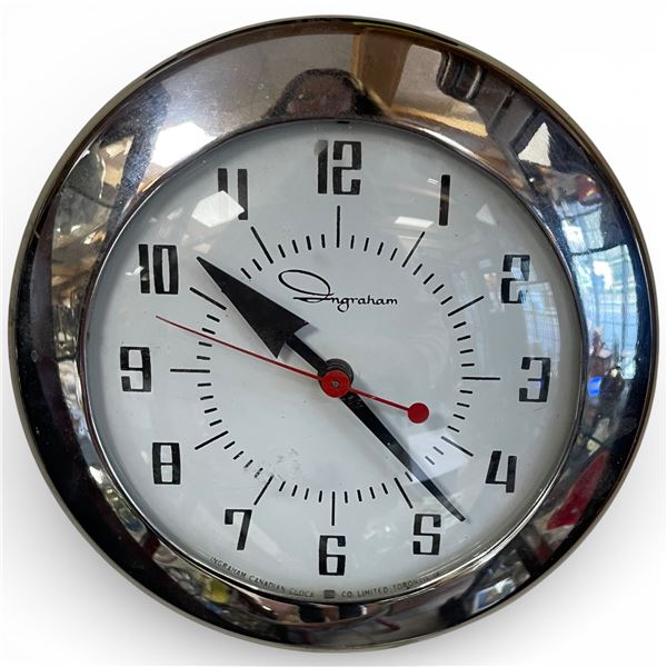 Vintage Ingraham Electric Wall Clock Polished Chrome Domed Glass Bezel Mid-Century 7.25-Inch