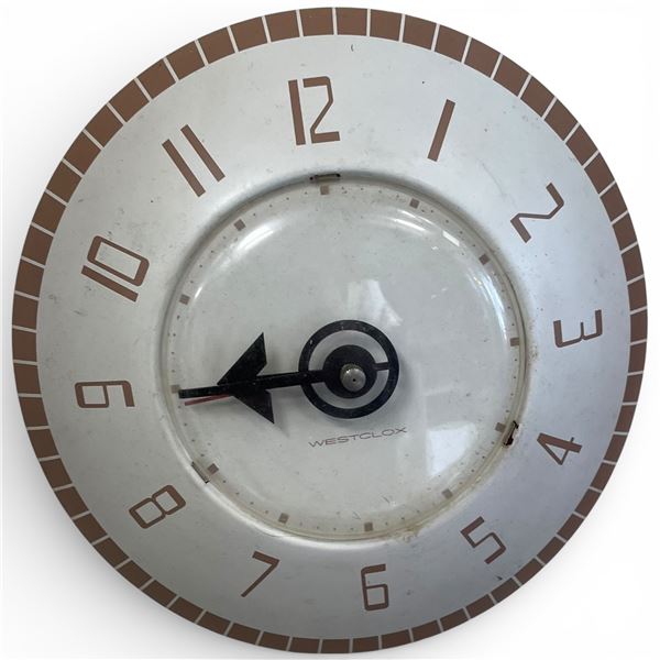 Vintage Westclox Wall Clock Mid-Century Mosaic Border White W Brown Accents 9-Inch