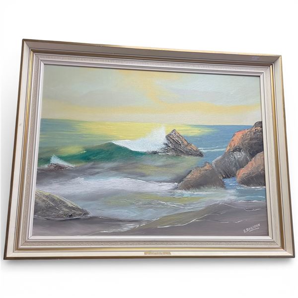 Vintage Framed Oil Painting Coastal Seascape Signed E Rabjohn 27-Inch Width 21-Inch Height