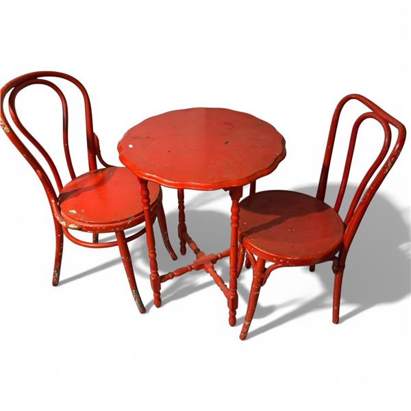 Vintage Red Painted Wood Table & 2 Bentwood Chairs (Table is 24" diameter &  30" tall)