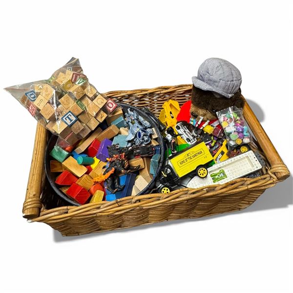 Large Wicker Basket Full of Wood & Other Toys (Basket is 15" x 26" x 12" deep)