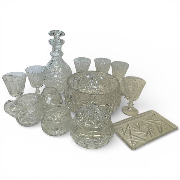 Assorted Crystal Glass Collection Decanter Cups Bowls Plate & Parfait Glasses