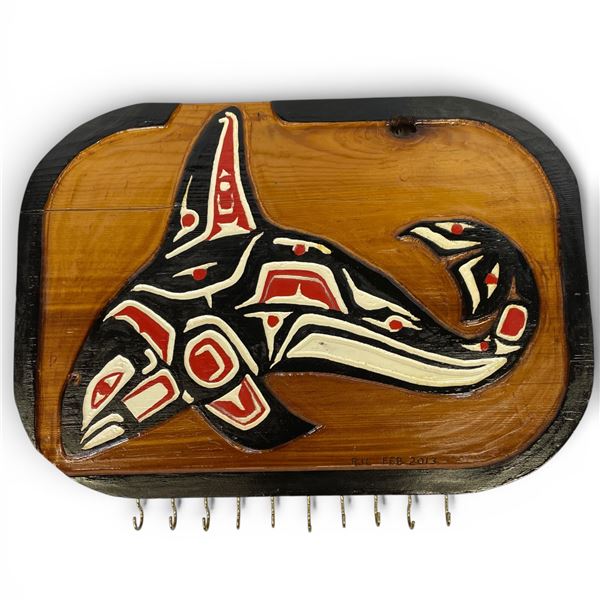West Coast First Nations RJL Carved & Painted Killer Whale Key Holder Signed Feb 2013 17-Inch 12-...