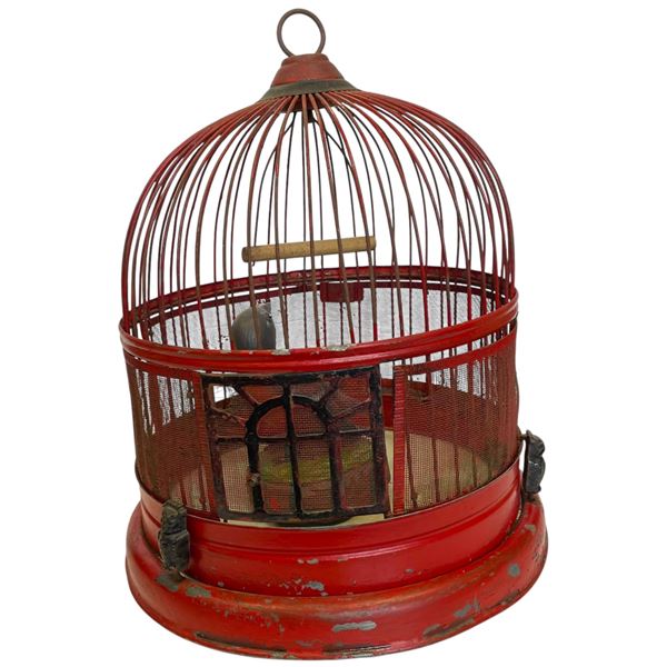 Vintage Red Metal Beehive Style Bird Cage with Owl Figurines Around the Edge Comes with Plastic E...