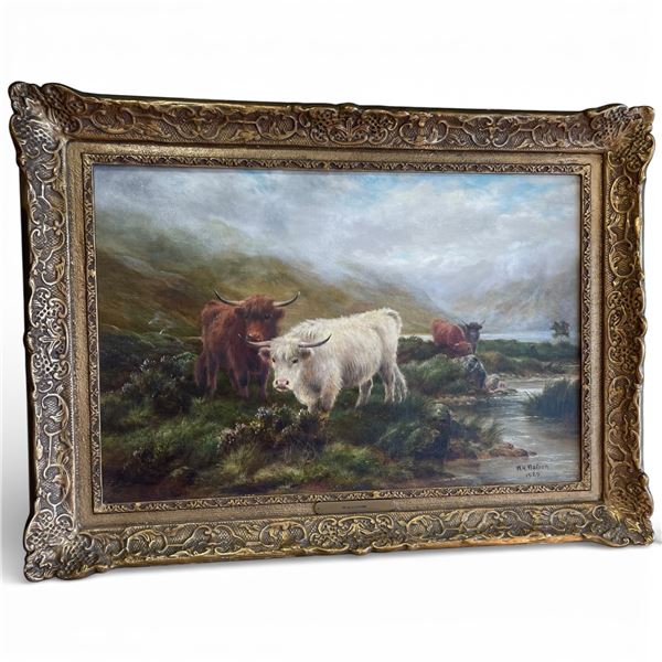Framed W.h. Watson  1929 Oil Painting of Shetland Cows with Guilded Frame Titled "Highland Cattle"
