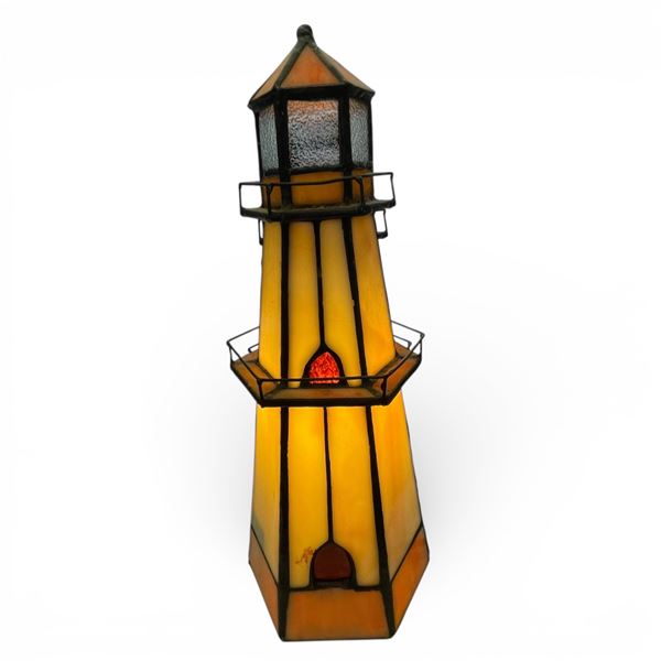 Stained Glass Lighthouse Lamp 10-Inch Tall Multicolor