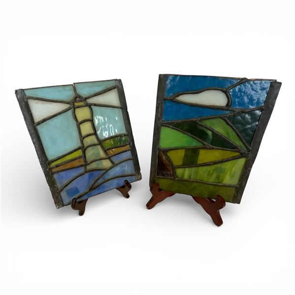 Handcrafted Stained Glass Panels Featuring Landscape Scenes,