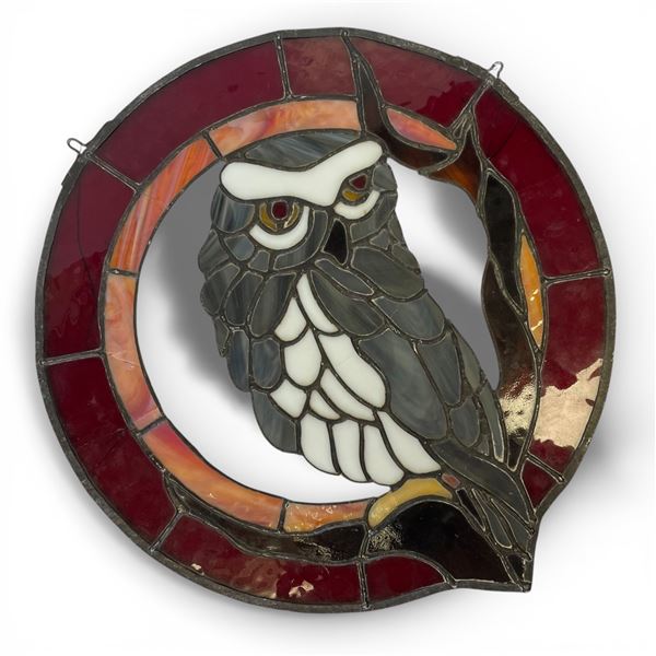 Vintage Stained Glass Great Horned Owl Window Hanger 15-Inch