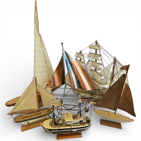 Fleet of 6 Wooden Ships: Sailboats Tugboats & Wine Bottle Holder Tallest 25-Inch