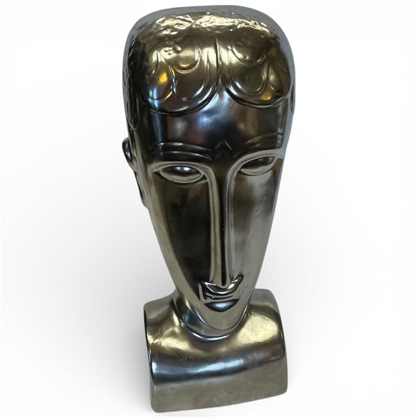 Modigliani-Style Elongated Head Chrome Ceramic Sculpture 13-Inch