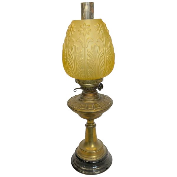 Antique Kerosene Oil Banquet Lamp Yellow Molded Glass Shade Ornate Brass Base 24-Inch Tall