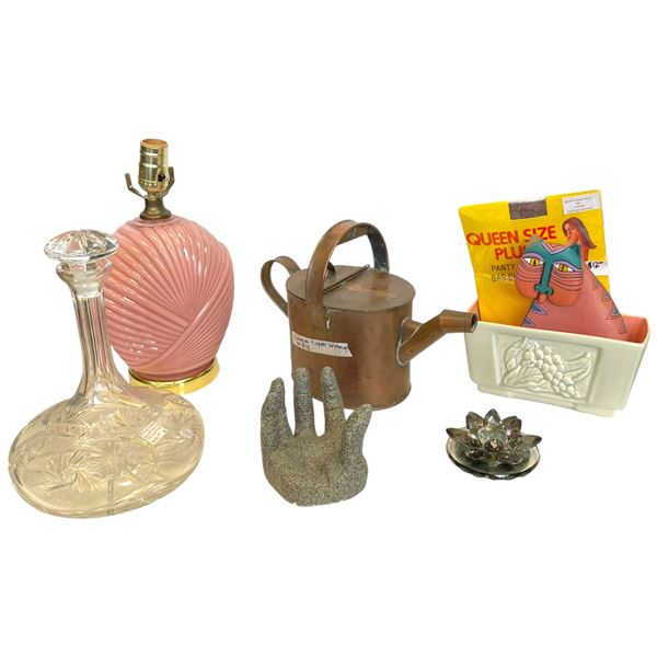 Collection of Vintage & Antique Decorative Items: Pink Shell-Shaped Table Lamp, Glass Decanter, F...