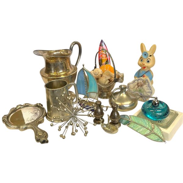Collection of Vintage Decorative Items & Collectibles Silver-Plated Pitcher Bunny Figure Hand Mirror