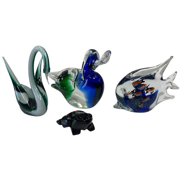 Art Glass Quartet: Murano Style Aquarium Glass Fish, Green Swan, Duck & Black Obsidian Frog