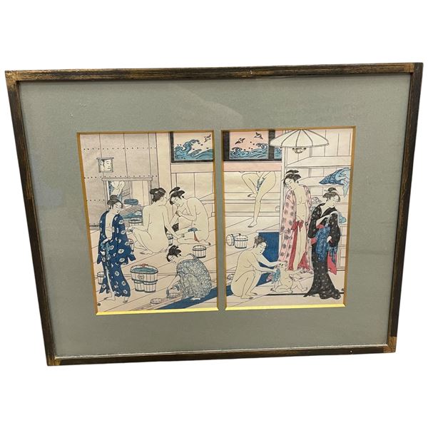 Ramed Vintage Reproduction of "Women in a Bath-House" by the Japanese Artist Torii Kiyonaga.