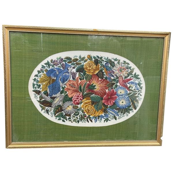 Vintage Bird & Floral Needlepoint Framed Unsigned 21.5-Inch by 15.5-Inch