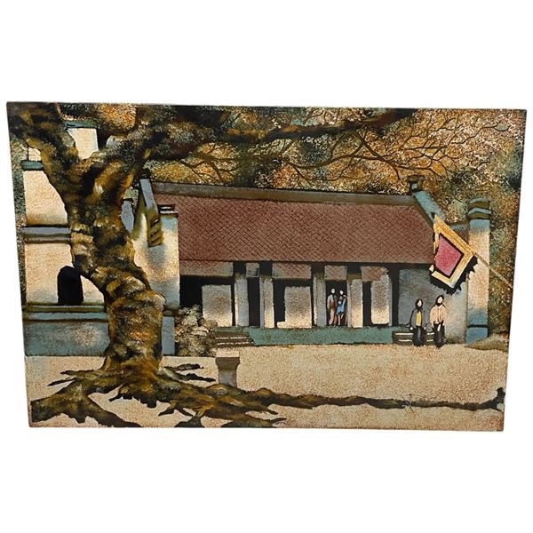 Japanese Medium Lacquered Painting on Board Stylized Architectural Scene 23.5 x 15.75 Inches