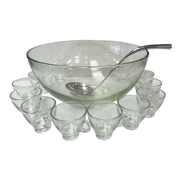 Colony Clear Glass Punch Bowl Set Mid-Century Modern 13-Inch Bowl Ladle & 12 Matching Cups