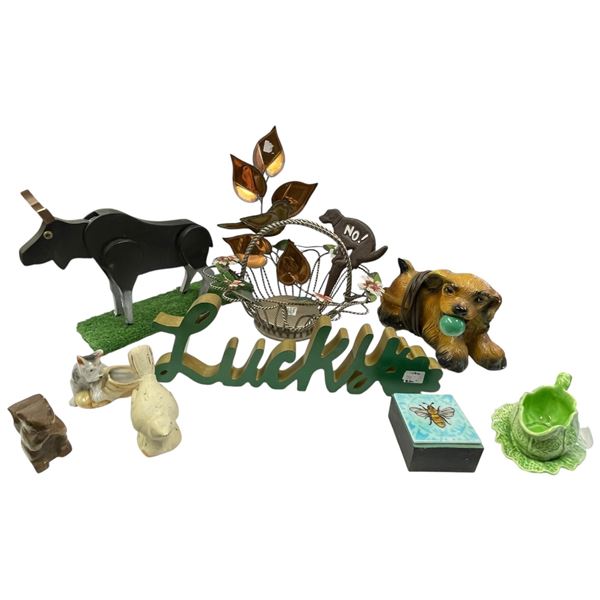 Assorted Decorative Collectibles: Wood Moose, Porcelain Items, Chalkware Dog Lamp & More Lot Incl...