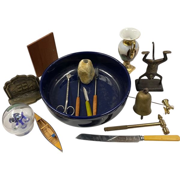 Estate Lot: a Prominent Dark Blue Ceramic Bowl, Metalware and More