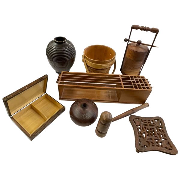 Vintage Treen Collection: Wood Vase, Bucket, Carved Trivet, Bento Box, Gavel, Mail Organizer & More